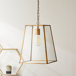 Larger Luxor hanging lantern in antiqued brass and clear glass