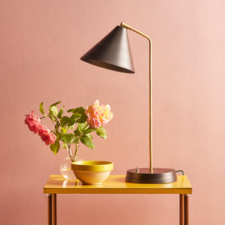 Drax Desk light in antiqued brass with a black hood