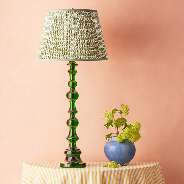 Larger rattle table lamp in natural cane with 18 inch straight empire shade in temple green block printed cotton