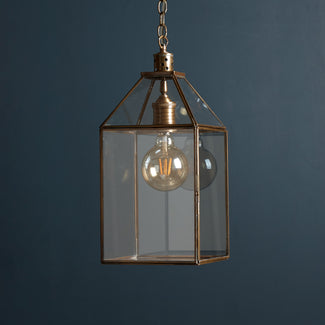 Larger Carrington hanging lantern in antiqued brass