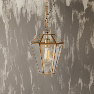 Dickens pendant light in antiqued brass and glass