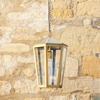 Holt outdoor hanging lantern in antiqued brass