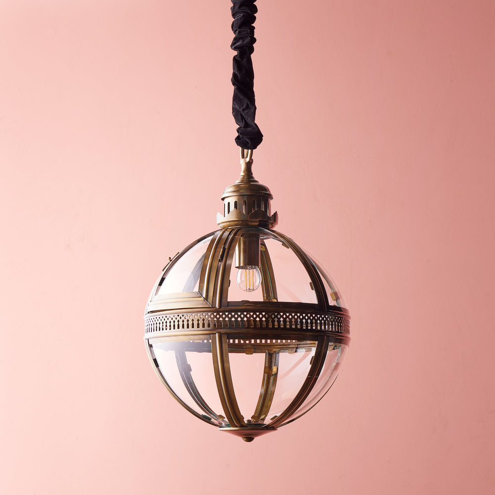 Pooky Jasper Traditional Globe Pendant in Antiqued Brass