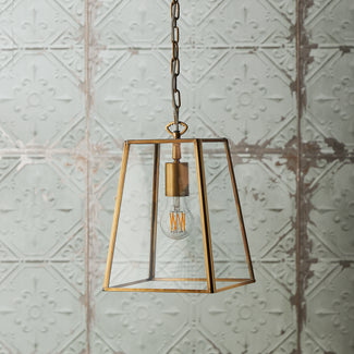 Regular Luxor hanging lantern in antiqued brass and clear glass