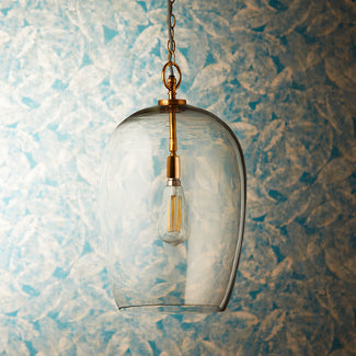 Larger Priscilla pendant light in antiqued brass and clear glass
