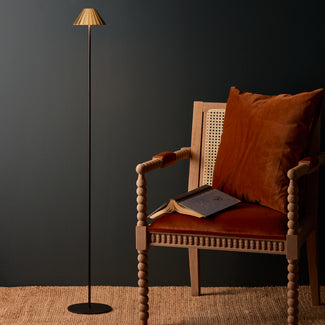 Twinky cordless floor lamp in black with an antiqued brass hood
