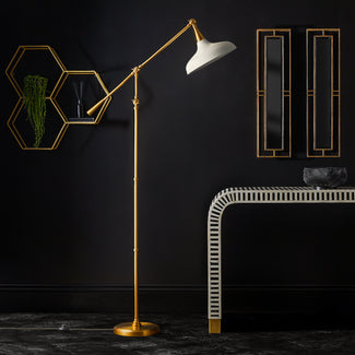 Hopper floor lamp in antiqued brass