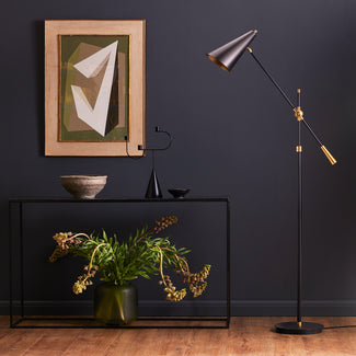 Mo floor lamp in antiqued brass with a black hood
