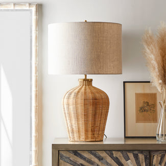 Larger Rattle table lamp in natural cane